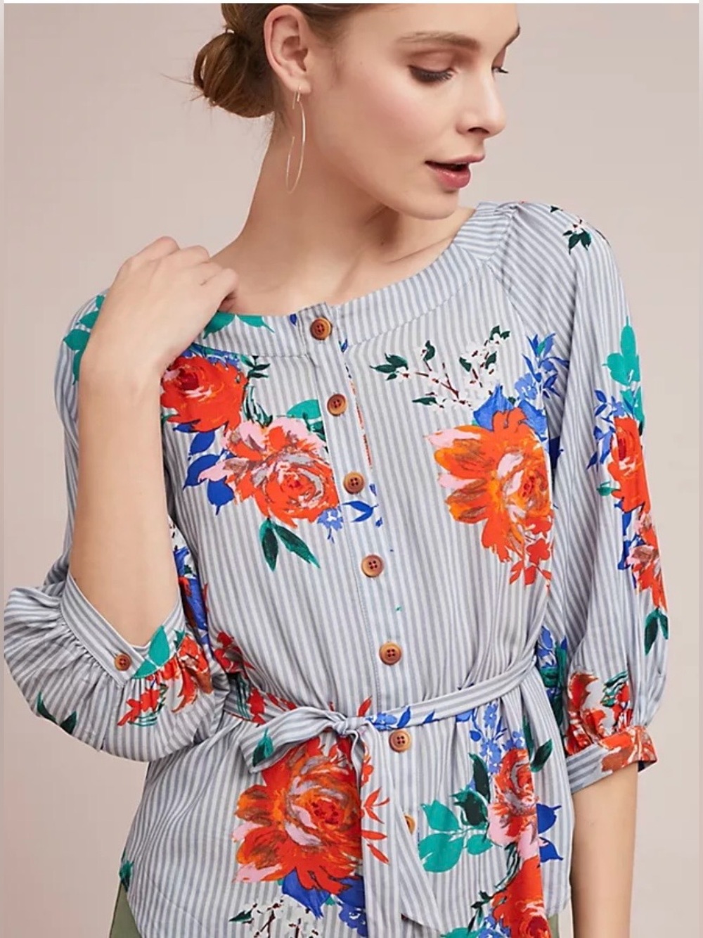 Maeve by Anthropologie Floral Stripe Tie Waist Blouse Size 10 100% Rayon